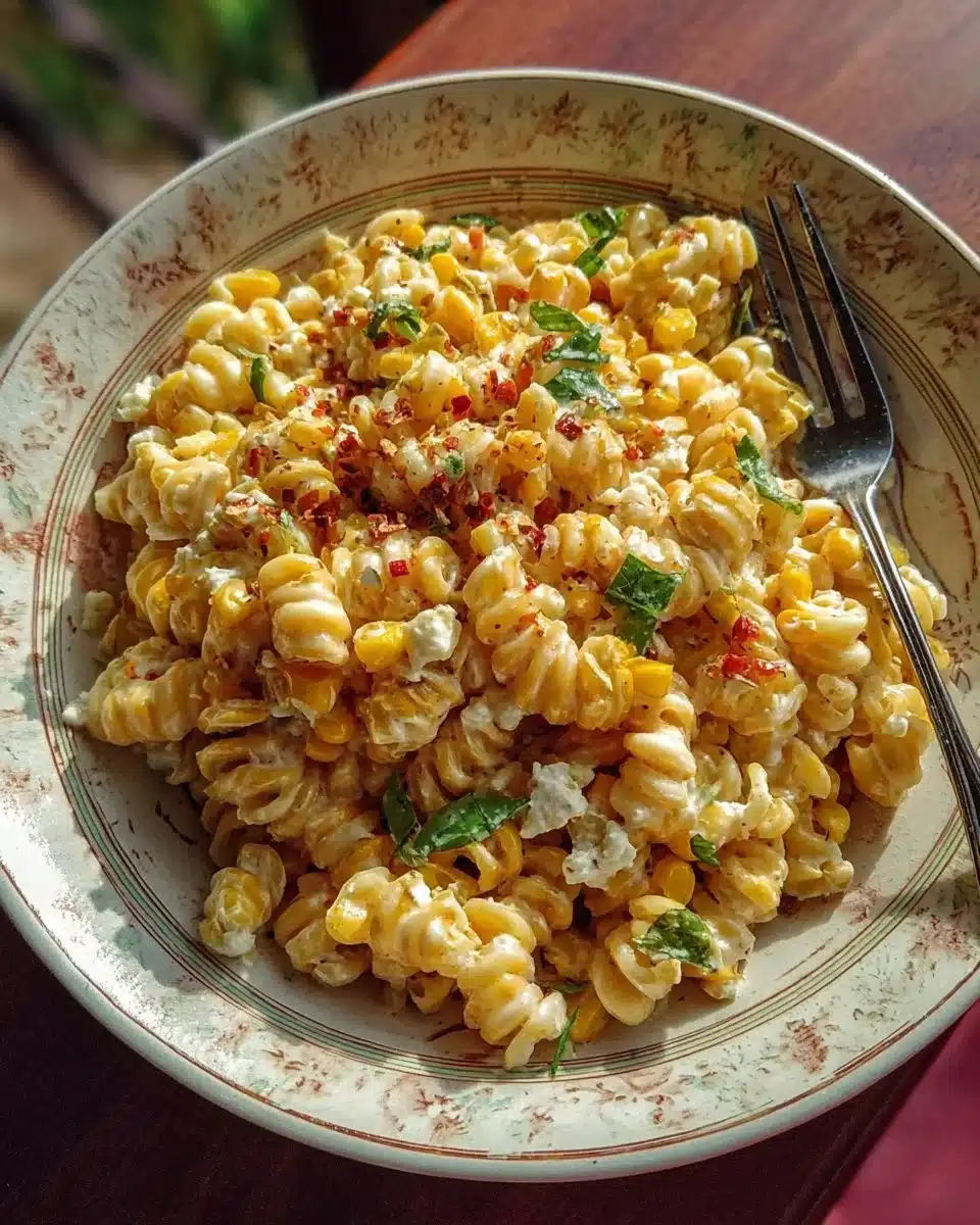 Creamy street corn pasta salad with fresh ingredients and vibrant colors