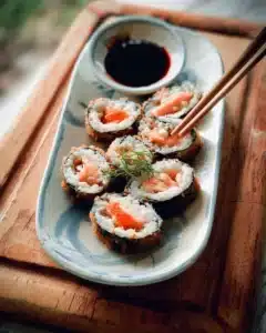 Crispy spicy salmon sushi rolls garnished with avocado and sesame seeds