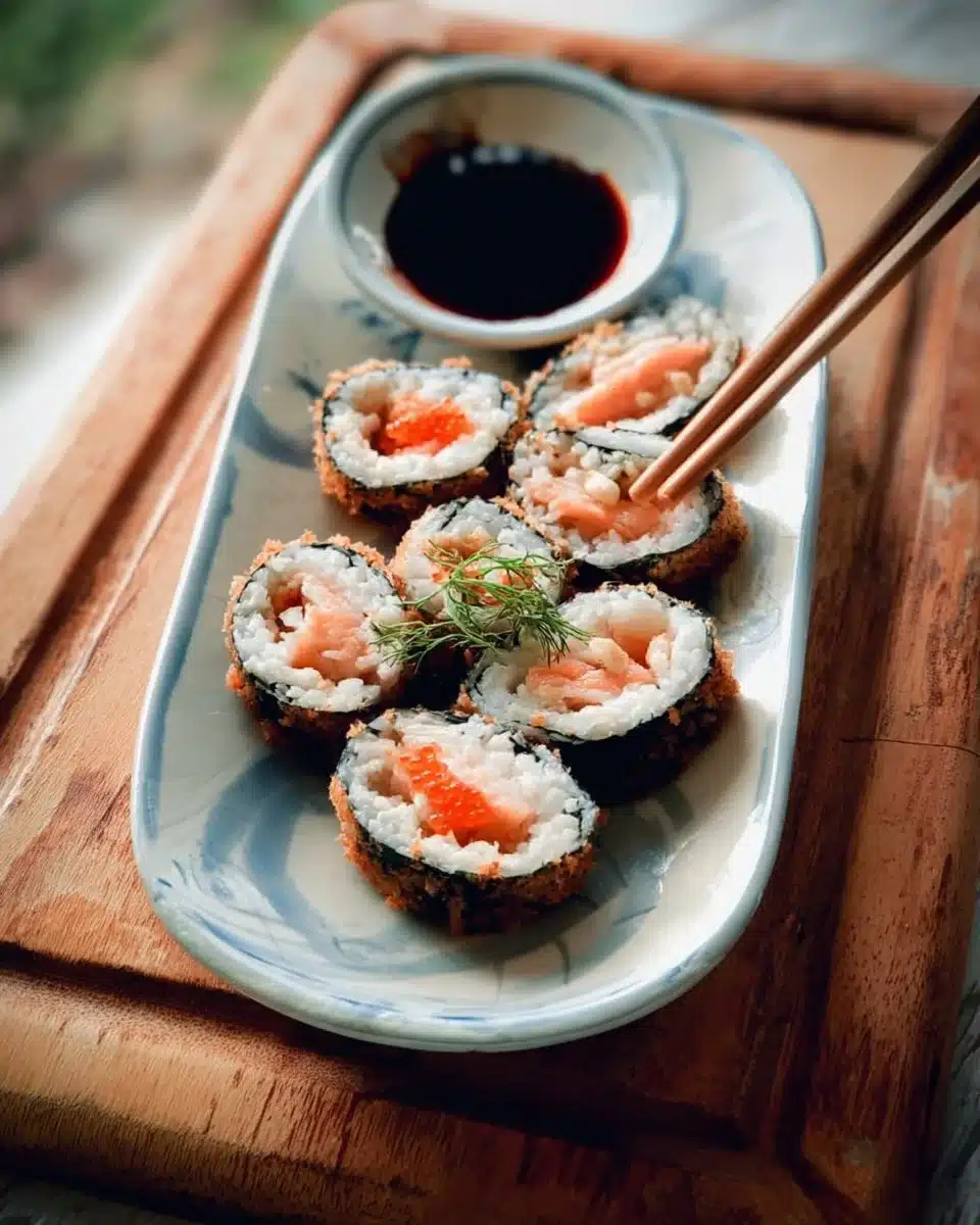 Crispy spicy salmon sushi rolls garnished with avocado and sesame seeds