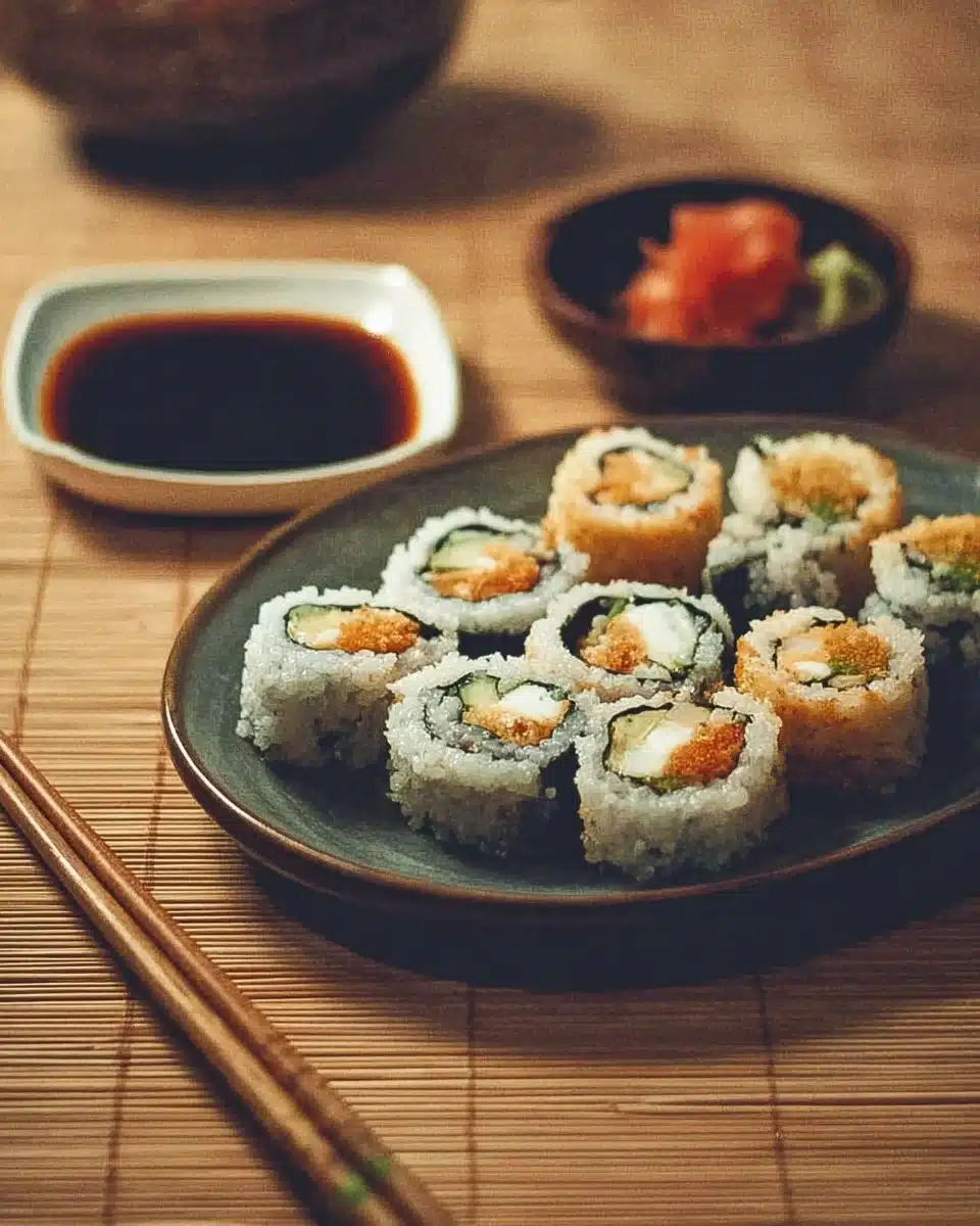 Crispy tempura sushi rolls served on a plate with dipping sauce