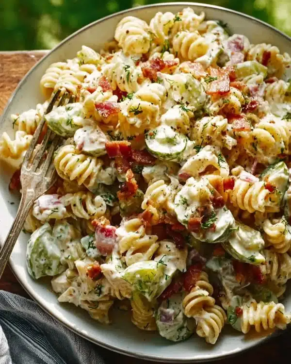 Delicious Dill Pickle Bacon Pasta Salad served in a bowl