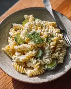 Dill-Pickle Pasta Salad garnished with fresh herbs and colorful veggies