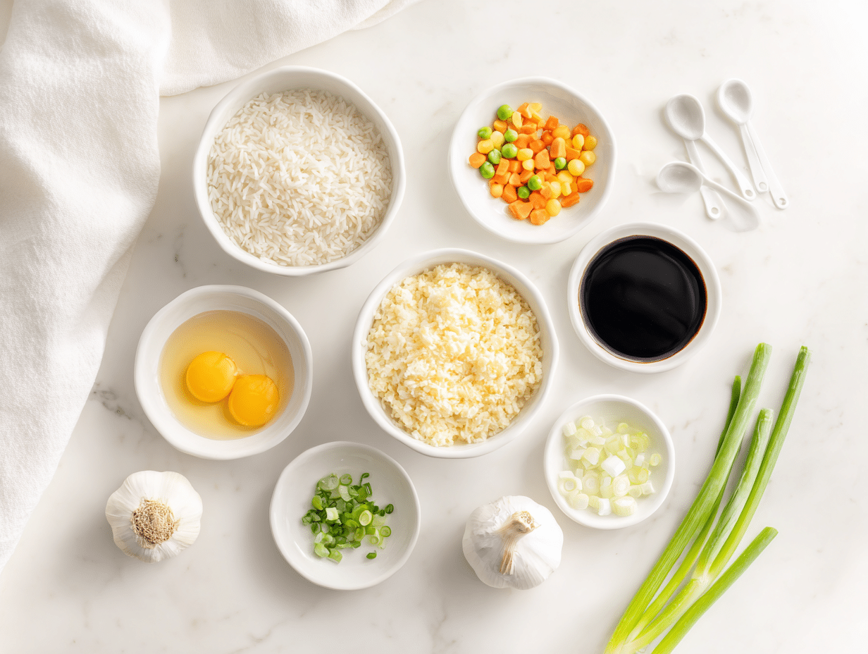 All ingredients measured and laid out on a cutting board