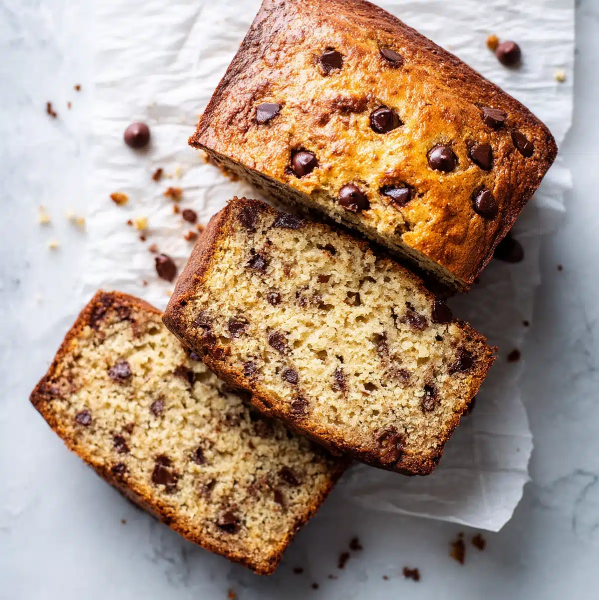 gluten free banana chocolate chip bread hero shot 45 degree angle on bright table