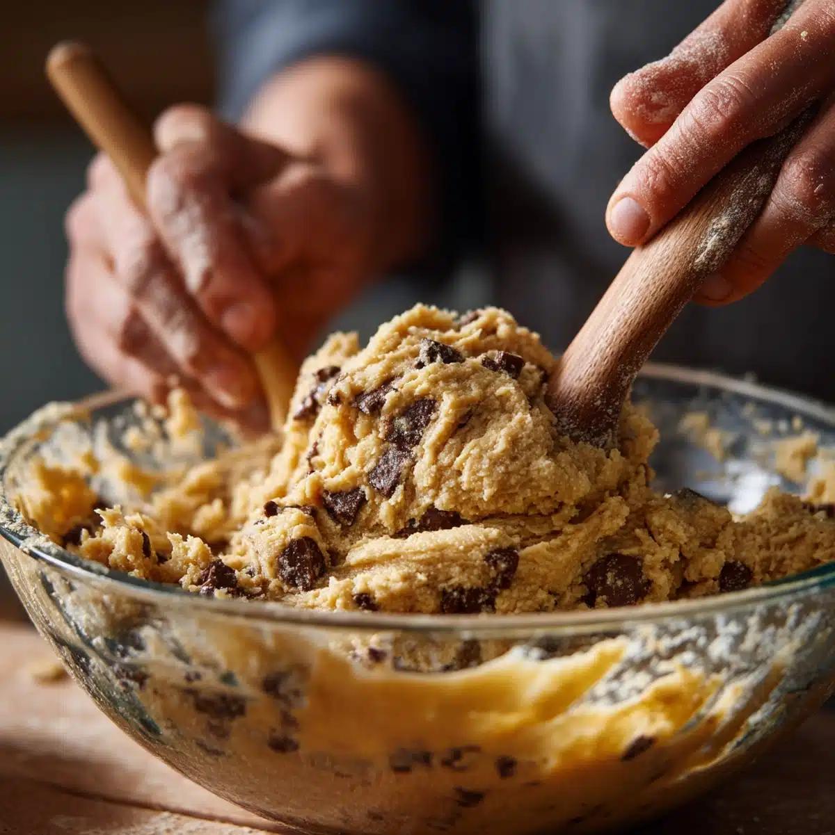 hands folding gluten free banana chocolate chip bread batter with chocolate chips