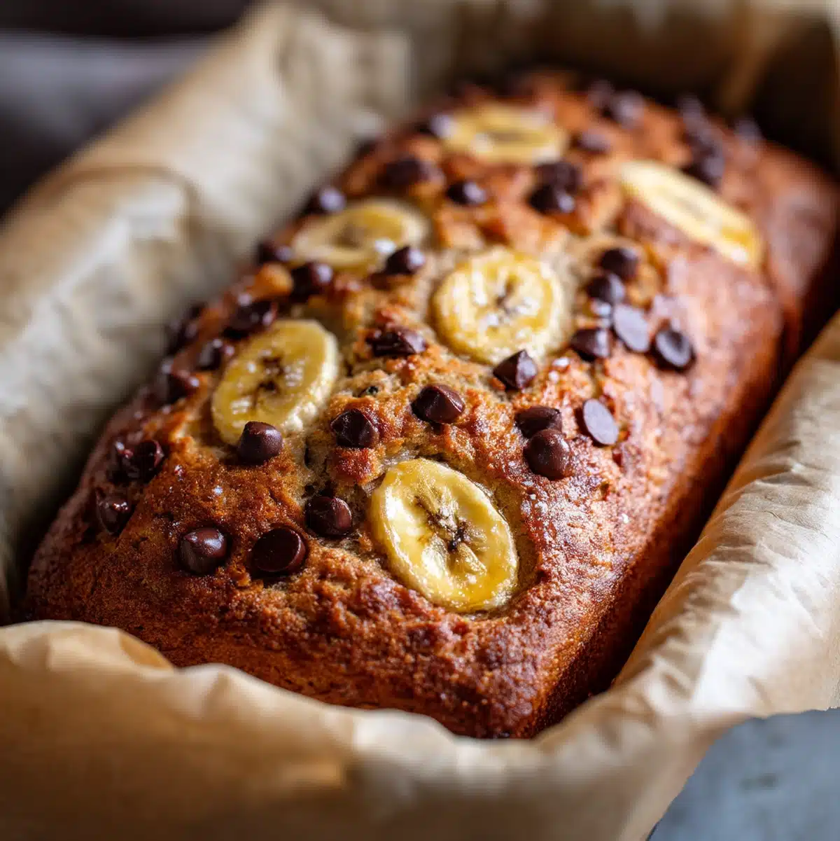 gluten free banana chocolate chip bread baking transformation in loaf pan