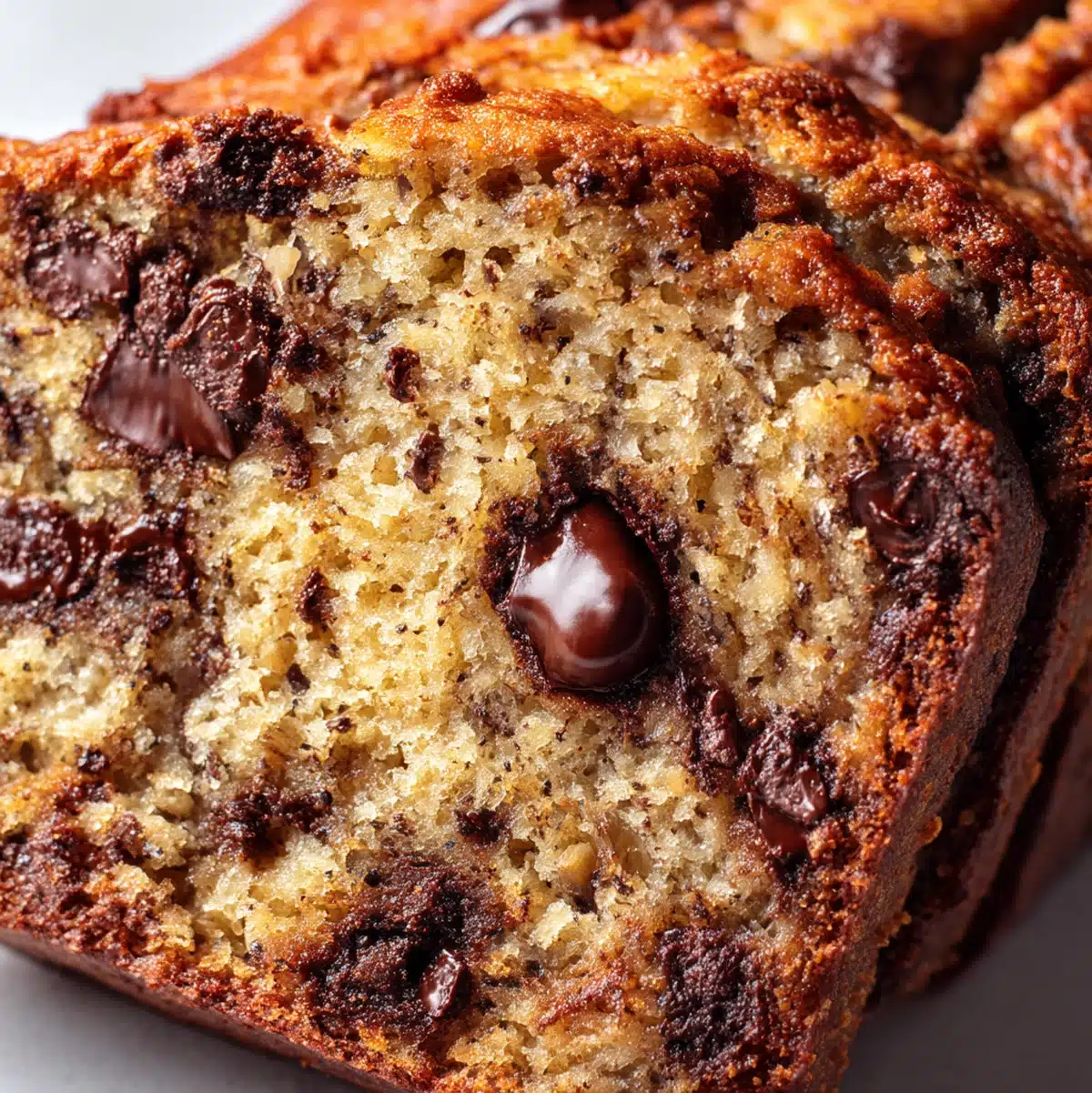 close up texture of gluten free banana chocolate chip bread crumb with melted chips