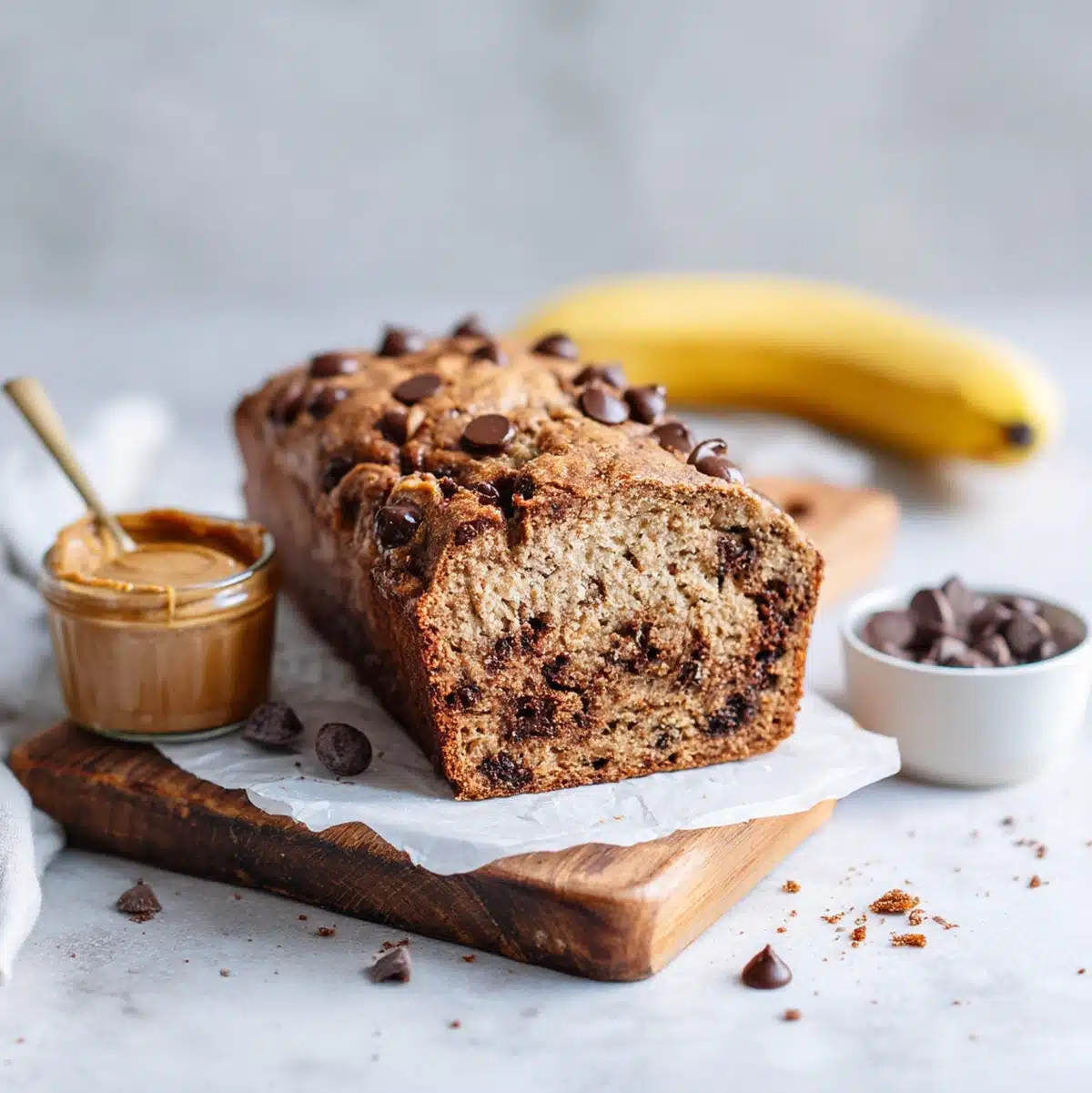 sliced gluten free banana chocolate chip bread served on table with coffee