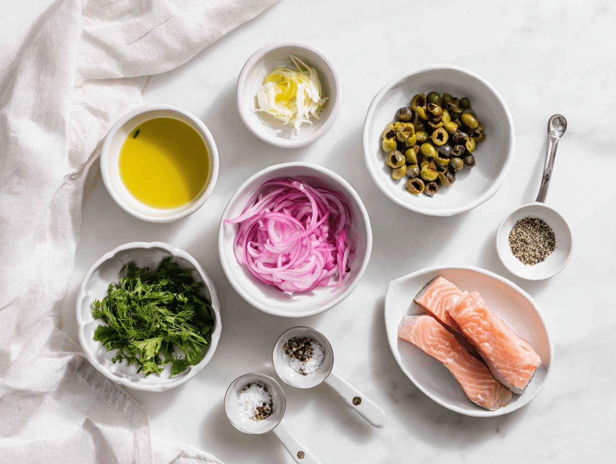 All ingredients measured and laid out on a cutting board
