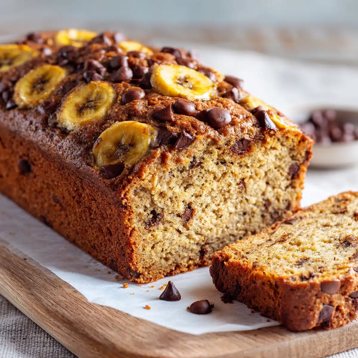 healthy banana chocolate chip bread hero shot 45 degree angle on bright table