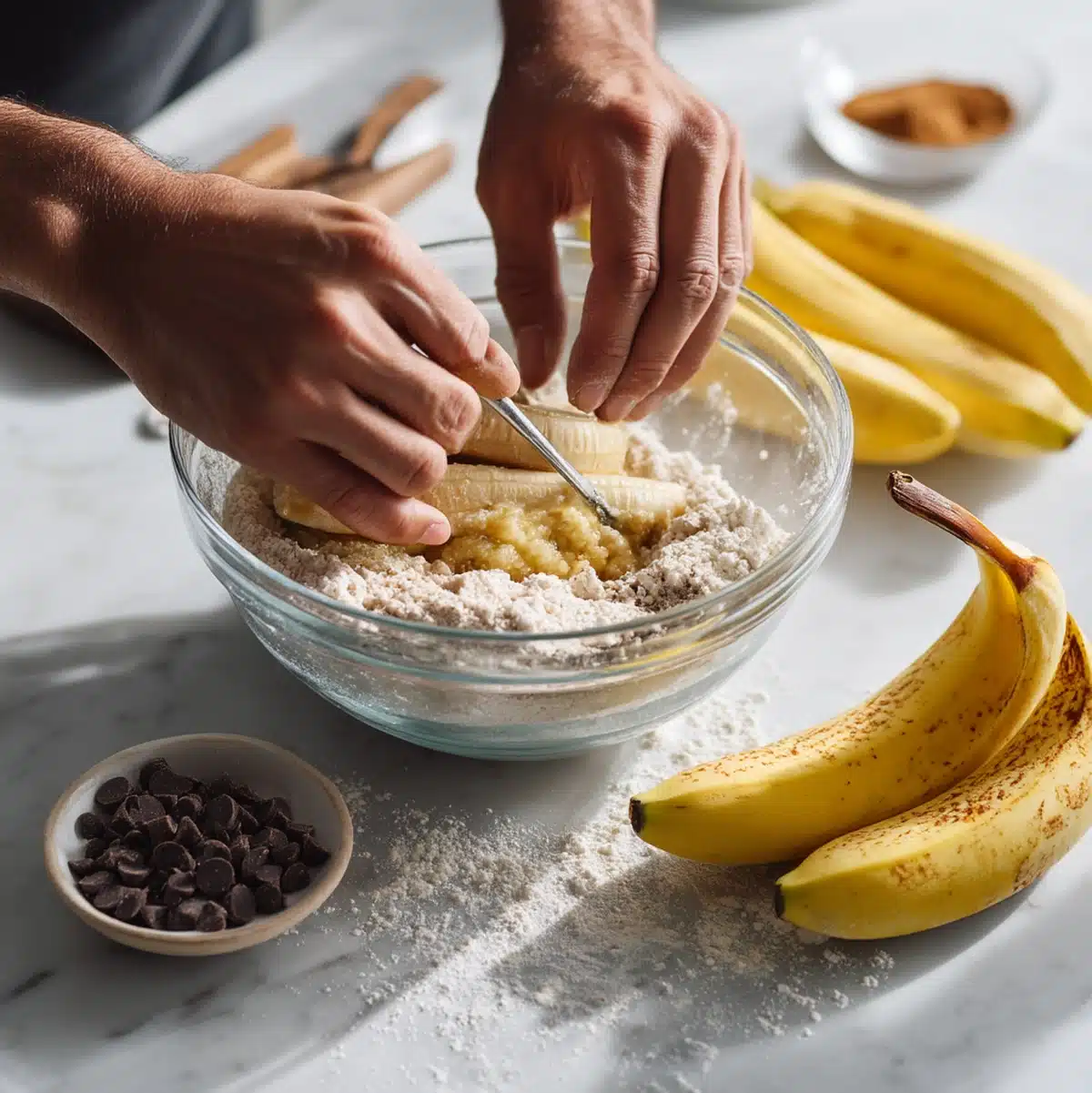 hands mashing ripe bananas for healthy banana chocolate chip bread batter