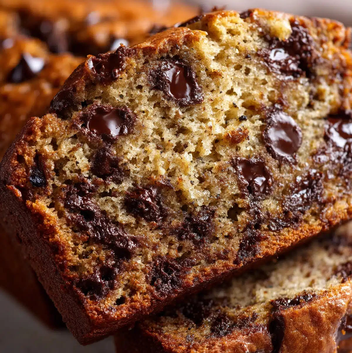 close-up texture of healthy banana chocolate chip bread crumb with melty chocolate