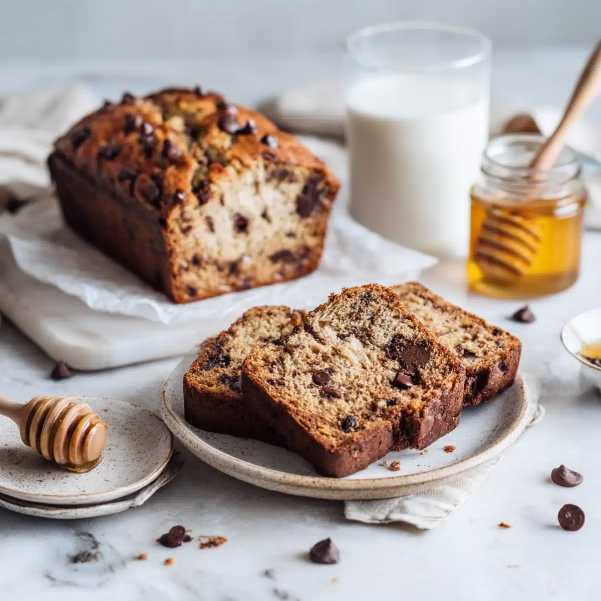 sliced healthy banana chocolate chip bread served with coffee on a wooden board