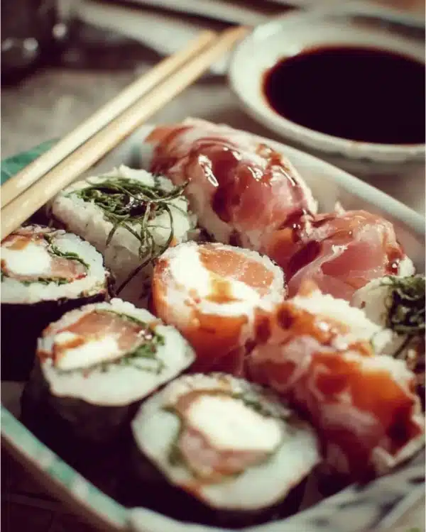 A plate of Italian Sushi featuring fresh fish and traditional Italian ingredients.