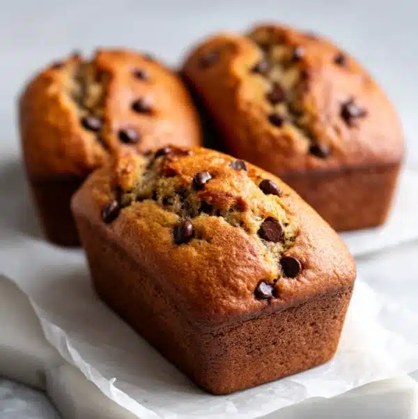 mini banana chocolate chip loaves hero shot 45 degree angle on bright table