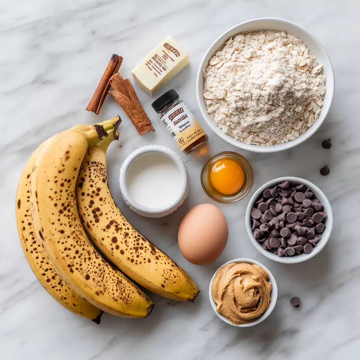 Mini banana chocolate chip loaves ingredients flat lay