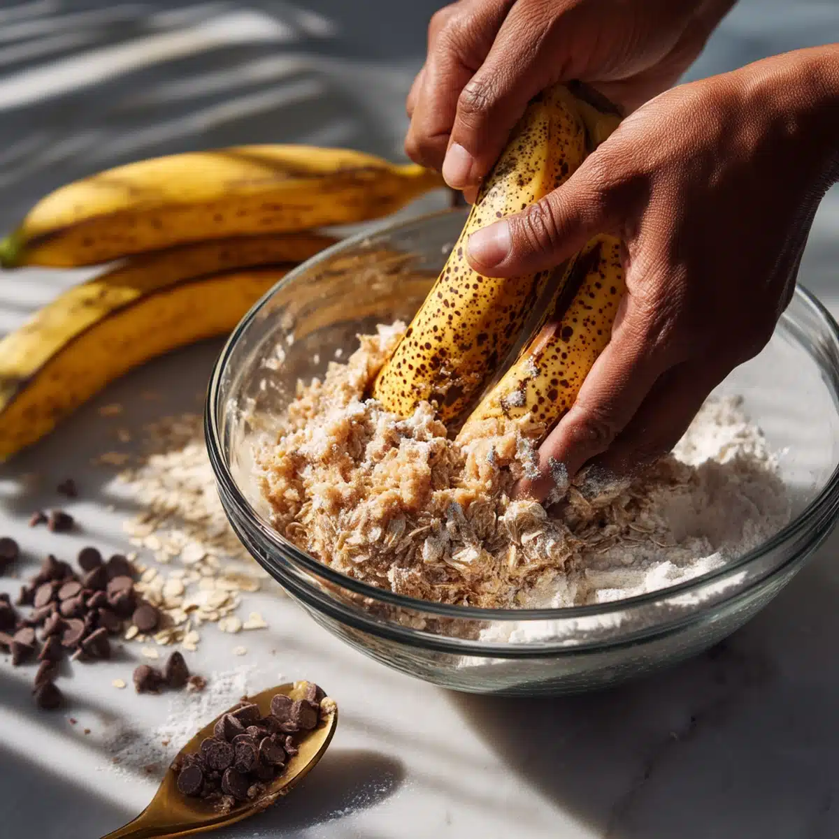 Hands mashing bananas for mini banana chocolate chip loaves