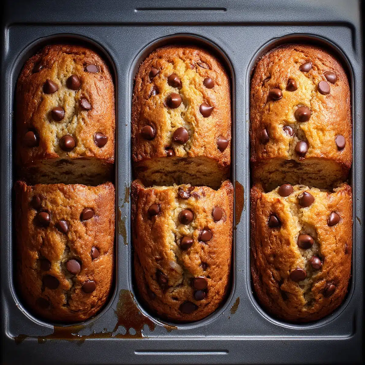 Mini banana chocolate chip loaves rising in oven