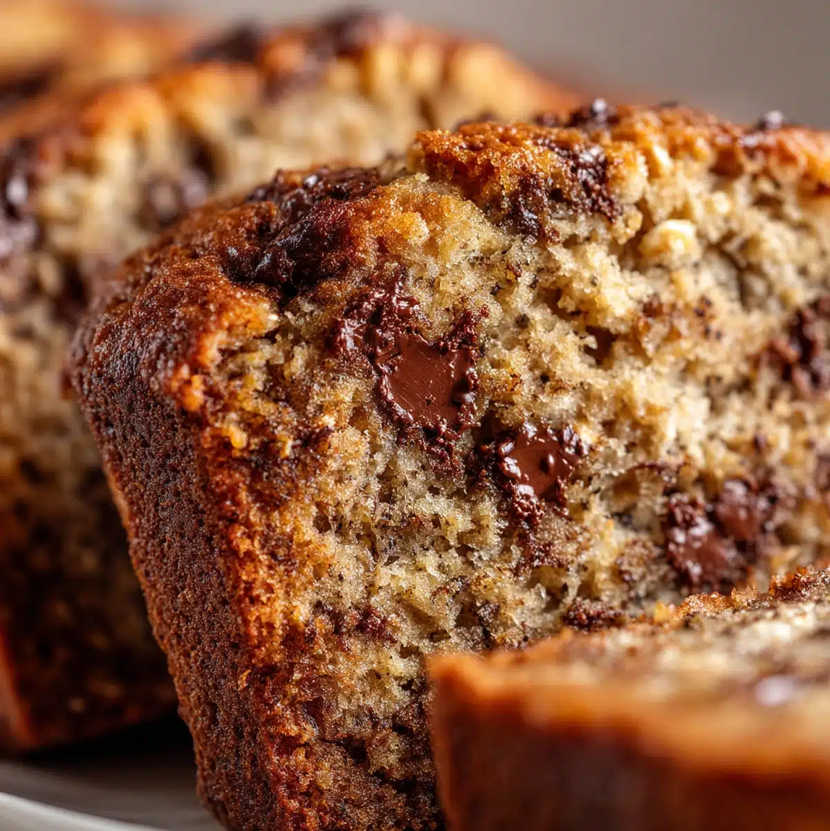 Close up of mini banana chocolate chip loaves crumb texture