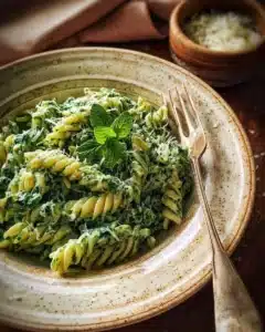 Pasta served in a creamy spinach sauce garnished with fresh herbs