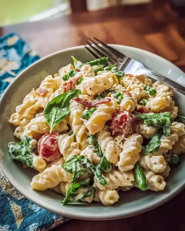Silky pasta topped with creamy herb dressing in a vibrant dish.