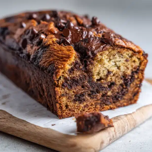 sourdough banana chocolate chip bread hero shot 45 degree angle on bright table