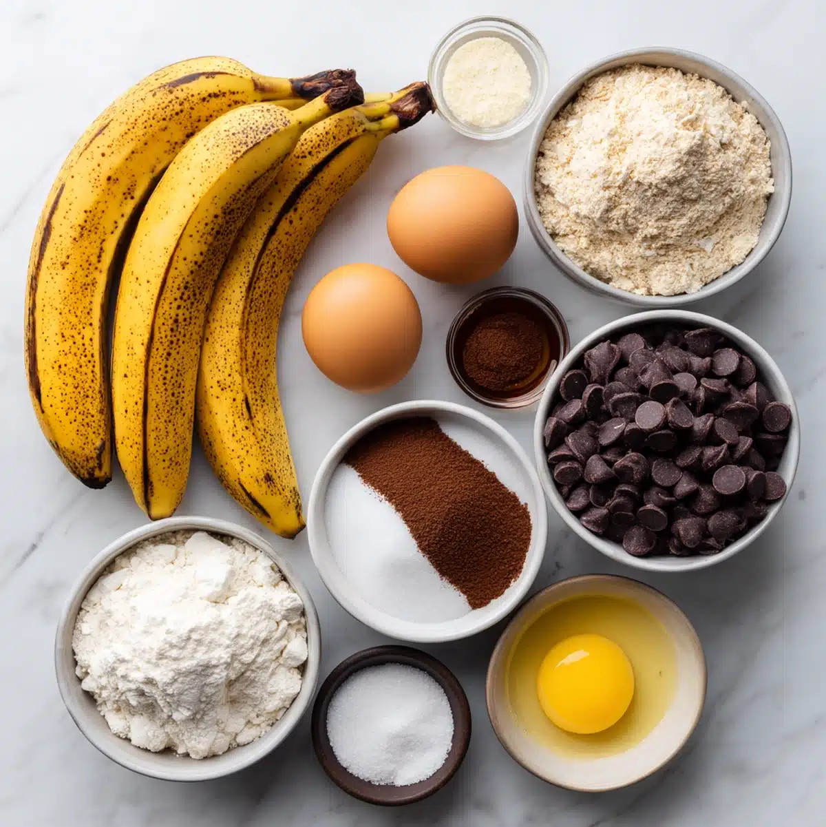 Ingredients flat-lay for sourdough banana chocolate chip bread