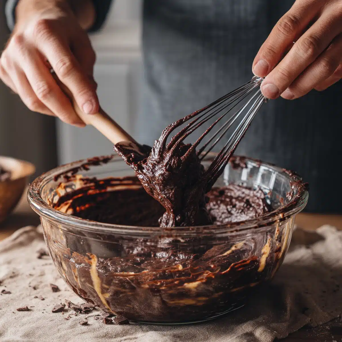 Hands mashing ripe bananas for sourdough banana chocolate chip bread batter