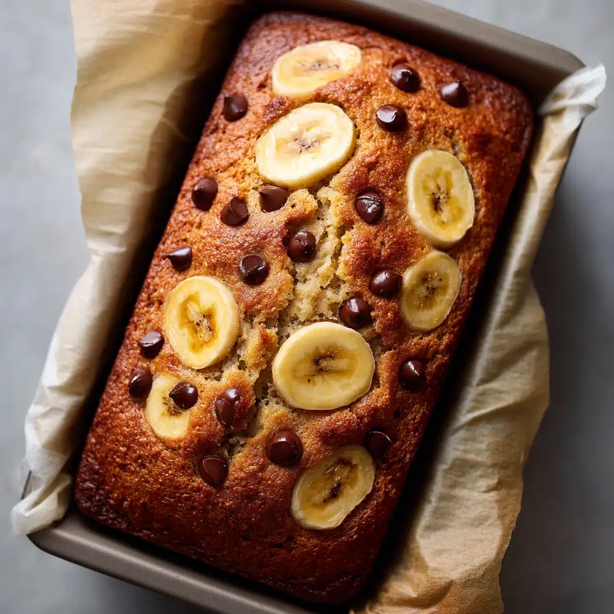Sourdough banana chocolate chip bread baking with melted chocolate chips on top