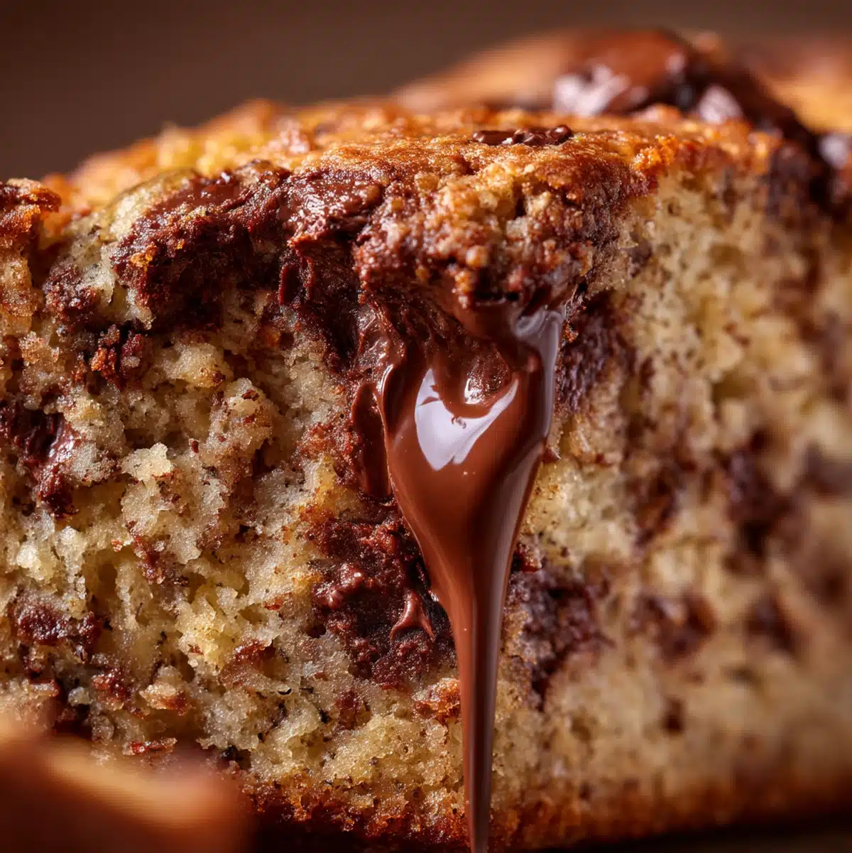 Close-up of moist crumb in a slice of sourdough banana chocolate chip bread