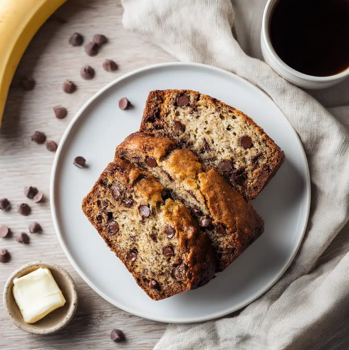 Sliced sourdough banana chocolate chip bread served on a wooden board with coffee