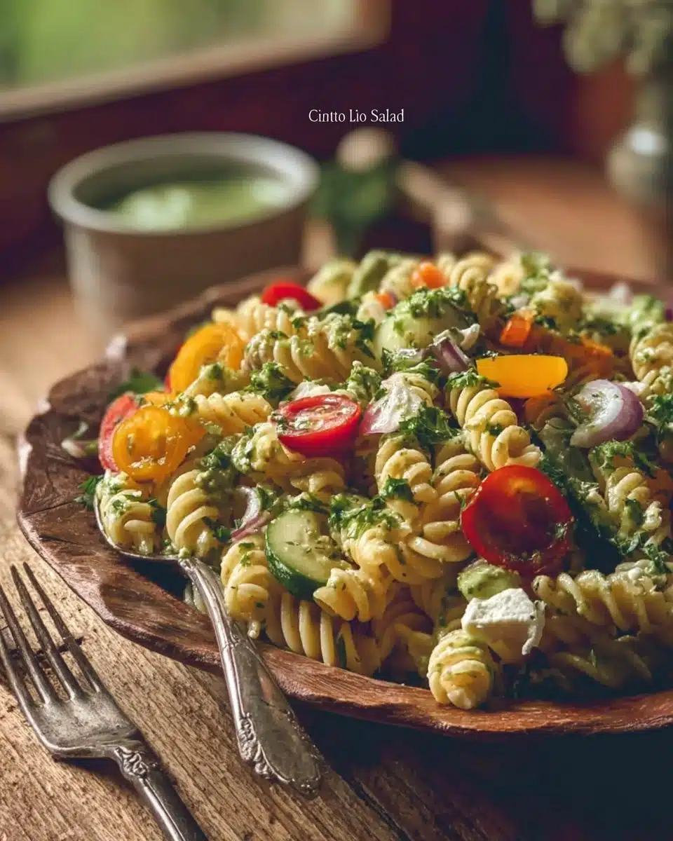 Bowl of Summer Pasta Salad with Cilantro and Lime Dressing
