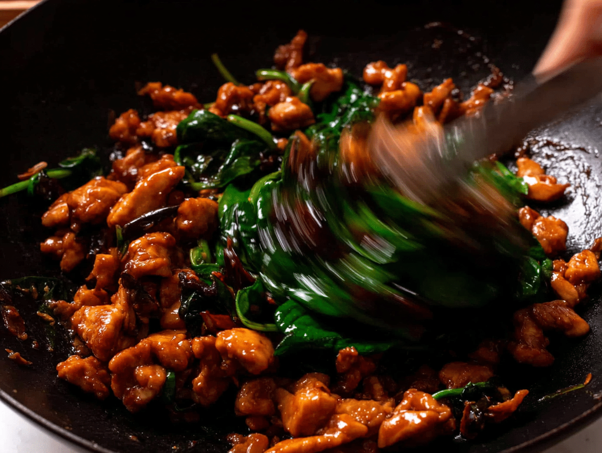 Cooking process action shot showing preparation in the kitchen