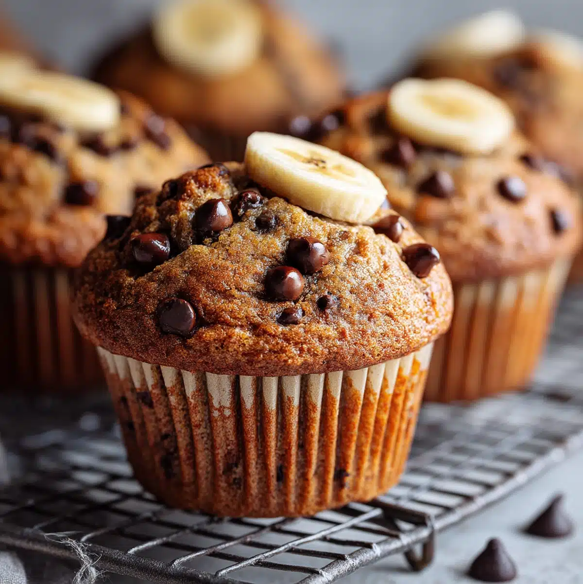 vegan banana chocolate chip muffins hero shot 45 degree angle on bright table