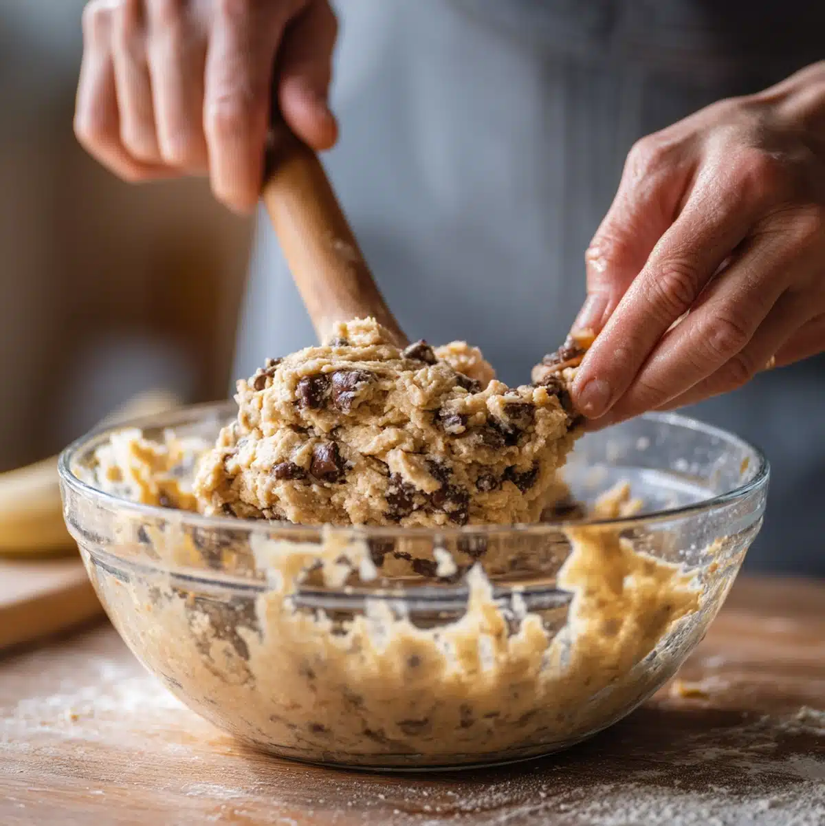 Hands folding wet ingredients into dry for vegan banana chocolate chip muffins batter