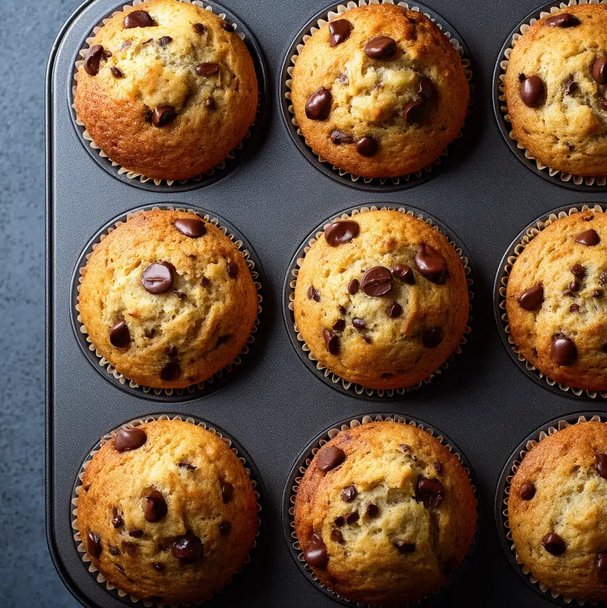 Vegan banana chocolate chip muffins rising with melted chocolate pockets in the oven