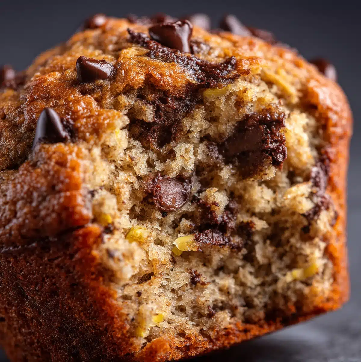 Close-up texture shot of split vegan banana chocolate chip muffin showing tender crumb