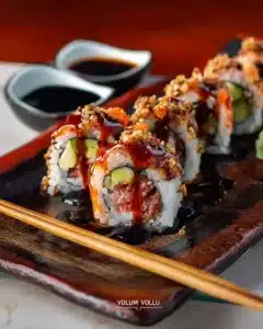 Delicious Volcano Roll sushi with spicy toppings and fresh ingredients