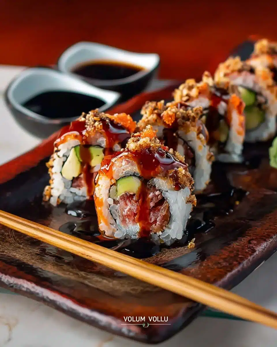Delicious Volcano Roll sushi with spicy toppings and fresh ingredients