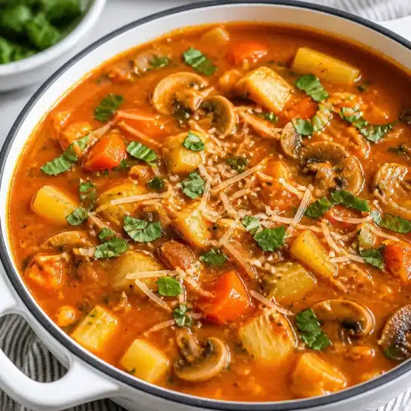 Bowl of high protein soup with fresh ingredients and herbs.