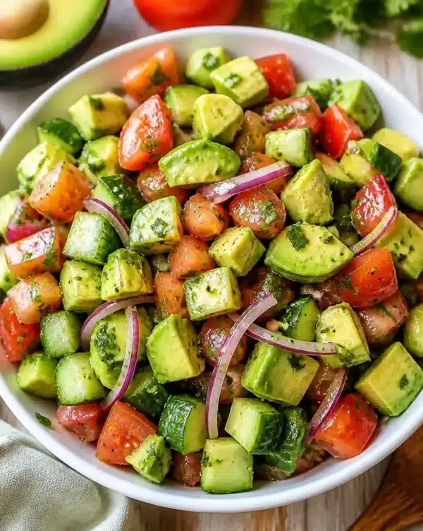 Fresh Avocado Salad with colorful vegetables and dressing