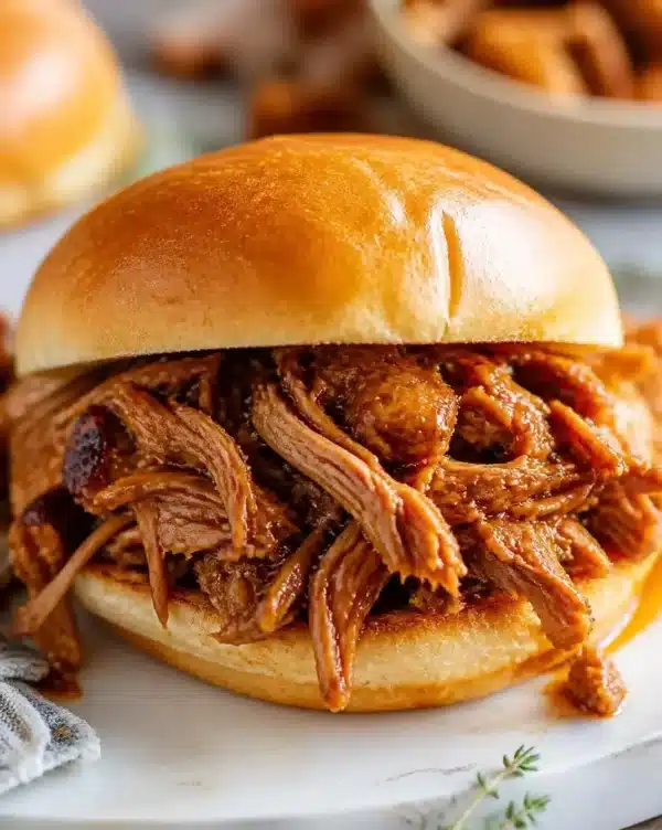 Delicious slow-cooker pulled pork served in a bun with barbecue sauce