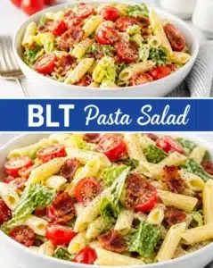 BLT Pasta Salad 7 A bowl of delicious BLT Pasta Salad topped with crisp bacon, fresh lettuce, and ripe tomatoes.