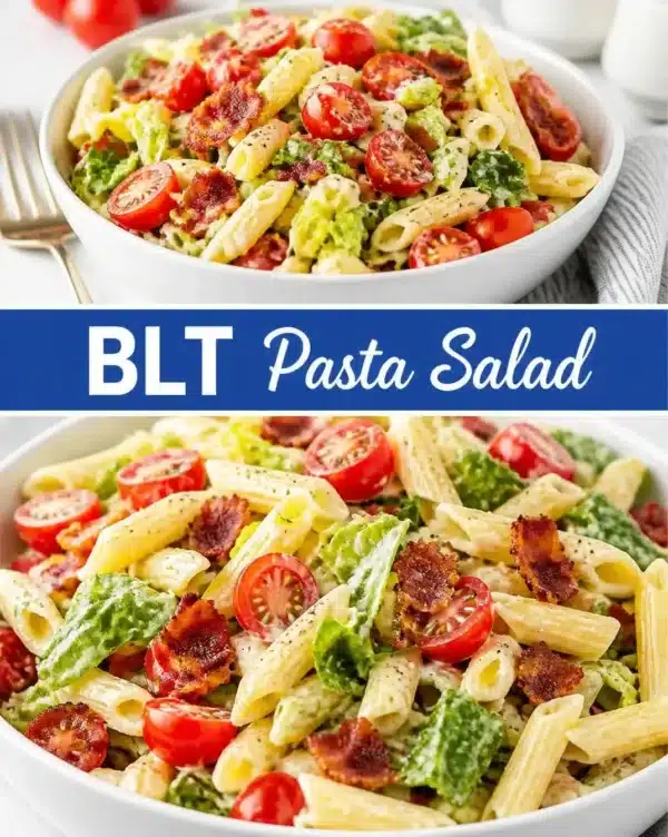 A bowl of delicious BLT Pasta Salad topped with crisp bacon, fresh lettuce, and ripe tomatoes.