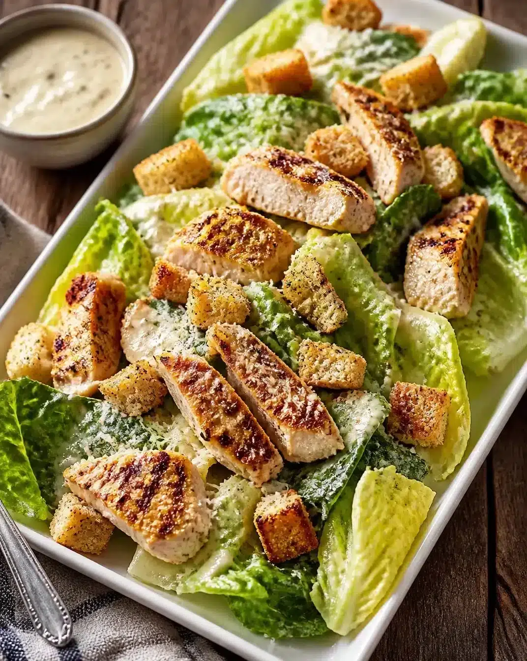 Caesar salad topped with grilled chicken, romaine lettuce, croutons, and dressing