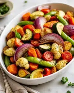 A colorful charred vegetable medley served in a bowl, showcasing smoky flavors and vibrant colors.