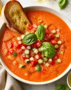 Bowl of vibrant cold gazpacho garnished with fresh herbs and vegetables