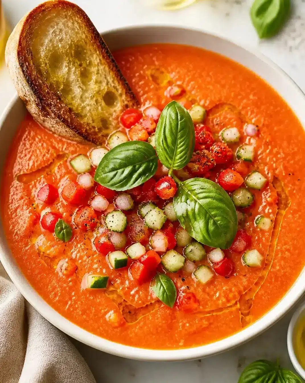 Bowl of vibrant cold gazpacho garnished with fresh herbs and vegetables
