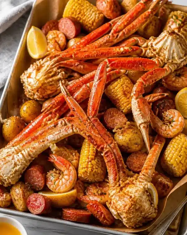 Delicious New England style crab boil with fresh seafood and spices