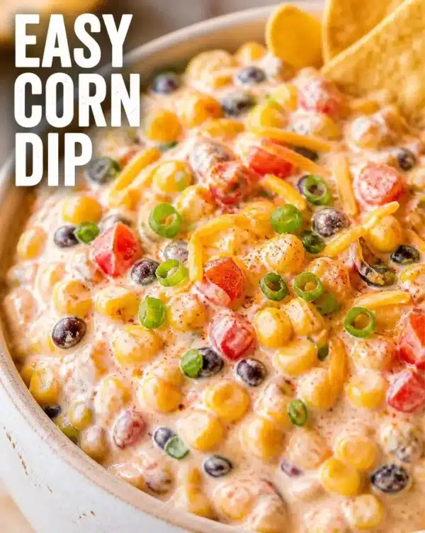 Delicious creamy corn dip served in a bowl with tortilla chips on the side.